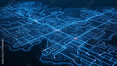 Digital map smart grid glowing connection network city electricity technology infrastructure with blue futuristic energy, urban illuminated power lines, data communication, modern innovation system