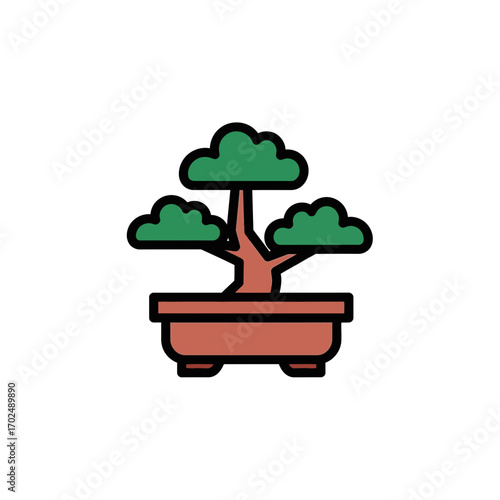 Stylized bonsai grows in clay pot against backdrop