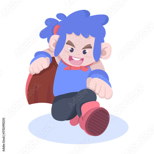 An illustration of a cartoon character with blue hair and a red cape, running forward with a determined expression.
