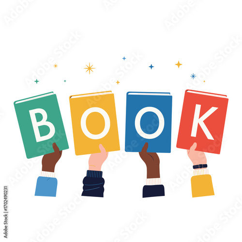 Diverse Hands Holding Books Spelling Out BOOK.