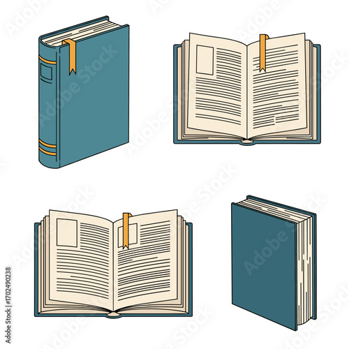 Collection of four teal colored books with yellow bookmarks.