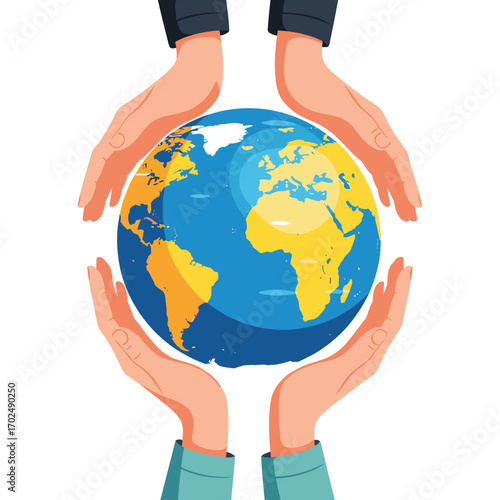 Hands holding planet earth in a protective gesture.