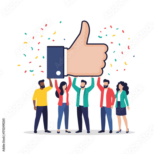 Diverse group of people holding up a giant thumbs up symbol with confetti falling around them.