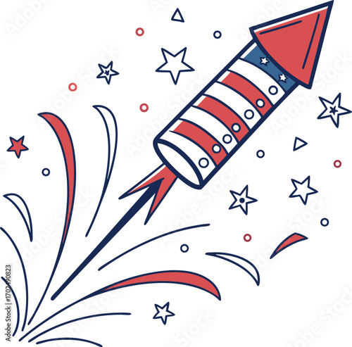 Flat vector illustration of a sparkling firework rocket launching into the night sky