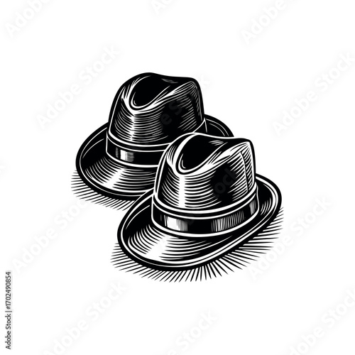 Two retro fedora hats with detailed engraving style on a white background