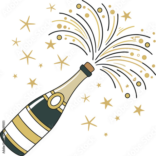 Flat vector illustration of a champagne bottle with a cork popping and celebratory sparks
