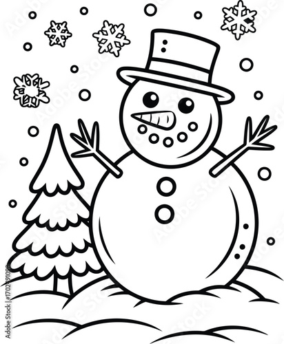 Whimsical hand drawn outline illustration of a cheerful snowman wearing a top hat standing next to a christmas tree in a snowy winter scene with falling snowflakes