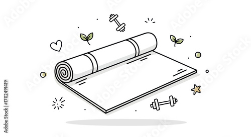 Hand-drawn doodle illustration of a rolled yoga mat and dumbbells for fitness.
