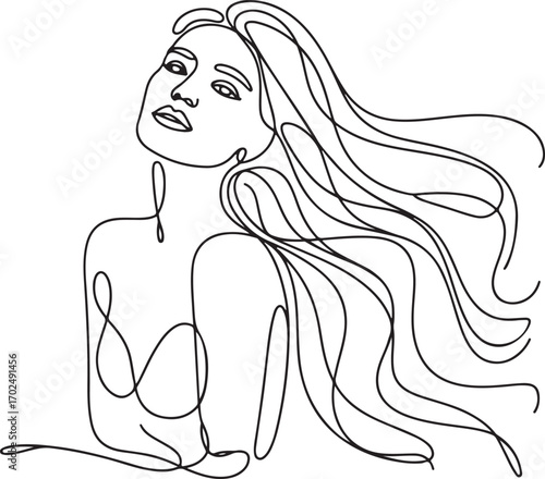 Continuous line art of a woman with long flowing hair, abstract minimal single line vector