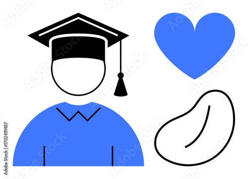 Simplified graduate figure in academic cap, blue heart symbolizing passion, and abstract seed shape for potential and growth. Ideal for education, success, learning, career progression, inspiration