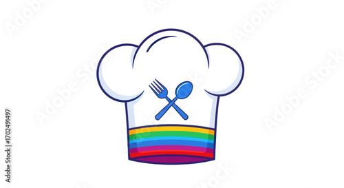 Chefs Hat with Crossed Silverware and Rainbow Band Illustration.