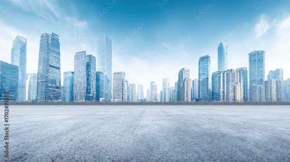 Fototapeta premium Cityscape View with Empty Concrete Ground, Featuring Modern Architecture and Clear Blue Sky, Perfect for Urban Development Concepts