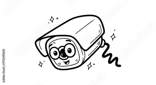 Cartoon Security Camera with Glasses and Smiling Face Black and White Illustration.