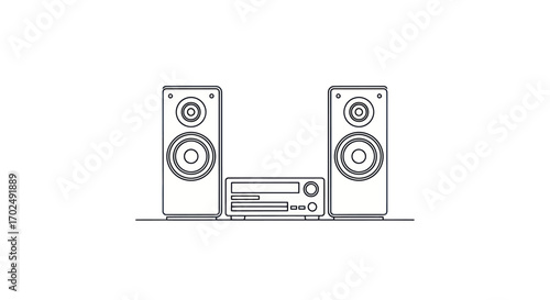 Minimalist Line Art of a Stereo System with Two Speakers and Receiver.