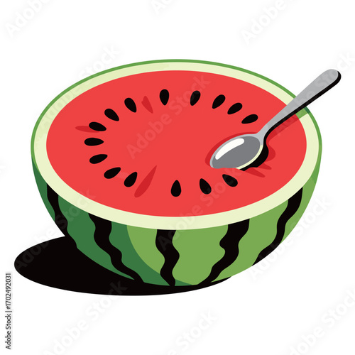 A bright and colorful illustration of a half watermelon with a spoon scooping into the juicy red flesh, representing a refreshing summer fruit, food, and simple enjoyment.