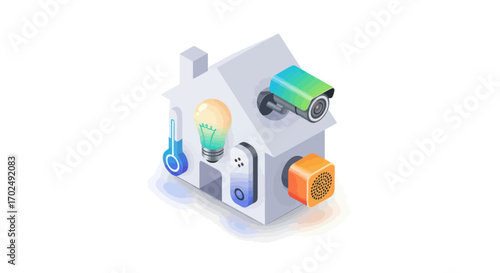 Isometric smart home illustration with connected IoT devices for automation and security.