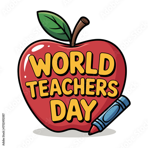 Vibrant Illustration Celebrating World Teachers Day with a Playful Red Apple and Colorful Crayon Design
