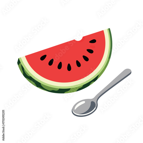 A bright and colorful illustration of a single slice of watermelon with a spoon, representing a refreshing summer fruit, healthy food, and a simple, juicy snack.