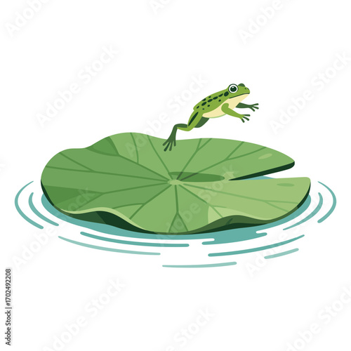 Billede på lærred A vibrant and dynamic illustration of a green frog jumping from a lily pad on a pond, representing nature, wildlife, and a fun, active animal in its environment
