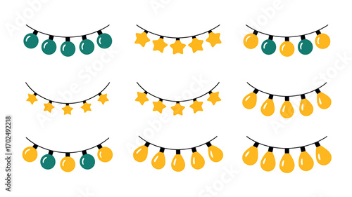 Festive Christmas Lights Garland Collection Vector Illustration Perfect for Holiday Designs and Seasonal Greetings Creating a Cheerful and Bright Atmosphere