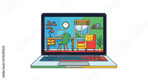 Open laptop displaying a colorful cartoon illustration of a home office and window view.
