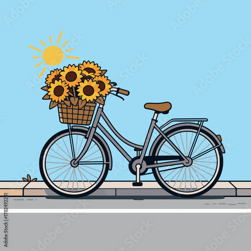 A charming illustration of a bicycle with a basket full of sunflowers, parked on a sidewalk under a bright sun, symbolizing a sunny day, leisure, and a love for nature.