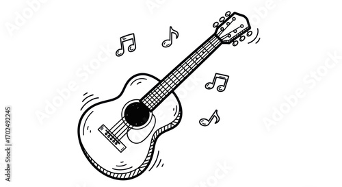 Hand-drawn black and white sketch of an acoustic guitar playing music with floating notes.