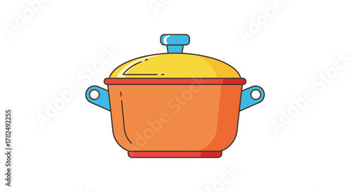 Orange cooking pot with yellow lid and blue handles kitchenware illustration.