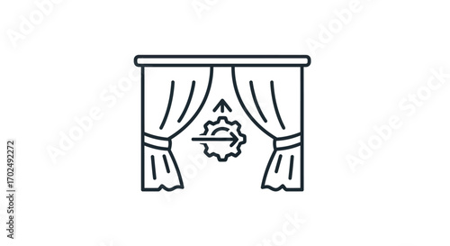Simple Black and White Curtain Icon with Gear Symbol.