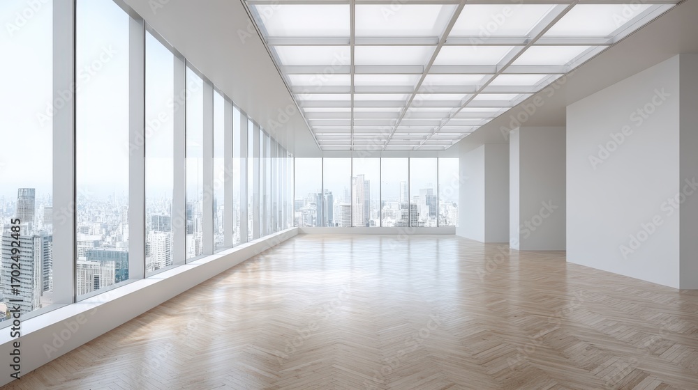 Fototapeta premium Modern Empty Office Interior with Panoramic City View, Wood Flooring and Natural Light, Ideal for Business
