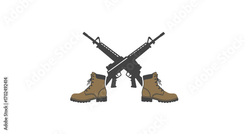 Crossed rifles and combat boots silhouette on white background