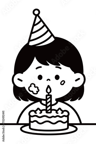 A simple black and white line art illustration of a young girl with a party hat and smudged cake on her cheek, blowing out a single candle on a small birthday cake.