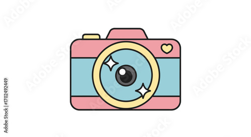 Cute Pink and Blue Cartoon Camera with Heart Detail and Sparkling Lens.