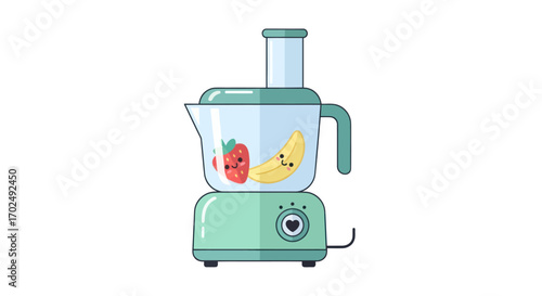 A cute cartoon food processor with a smiling strawberry and banana inside.