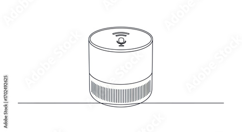 Line drawing of a cylindrical smart speaker with a microphone icon.