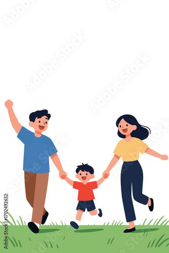 A bright and joyful illustration of a family of three holding hands and happily running across a grassy field under a clear sky, symbolizing family life, happiness, and outdoor fun.