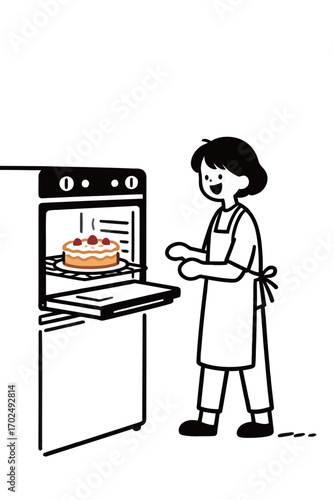 A simple black and white line art illustration of a person taking a round cake out of the oven, representing baking, cooking, and the joy of creating homemade desserts.