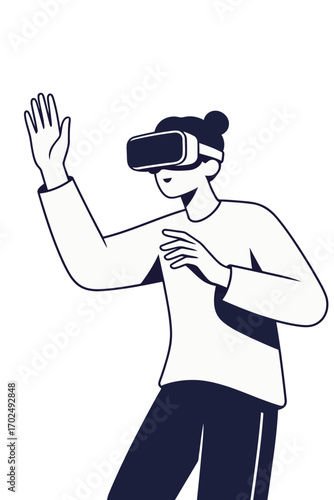 A simple line art illustration of a person wearing a VR headset and reaching out with one hand while holding up the other, representing virtual reality and interactive technology.