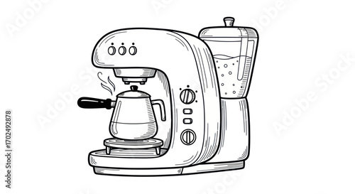 Hand-drawn illustration of a modern coffee maker with a steaming kettle.
