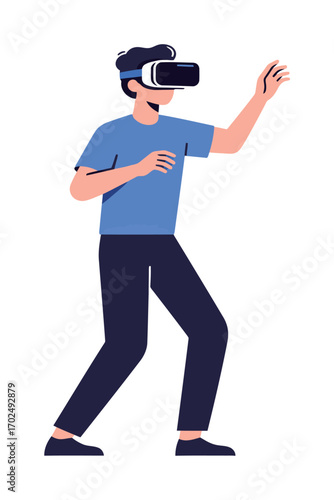 A simple illustration of a person wearing a VR headset and moving their hands as if interacting with a virtual environment, representing the technology and immersive experience of virtual reality.