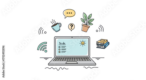 Laptop with Productivity Icons Simple Illustration.