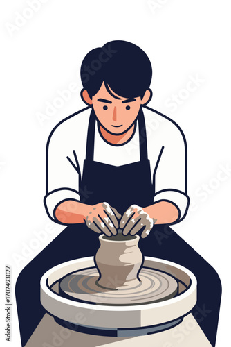 A man wearing an apron, focused on creating a pottery vessel on a potter's wheel. The illustration captures a hobby or a craft in progress.