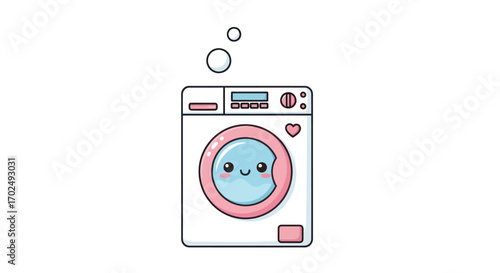 Cute kawaii washing machine character with a smiling face pink details and soap bubbles.