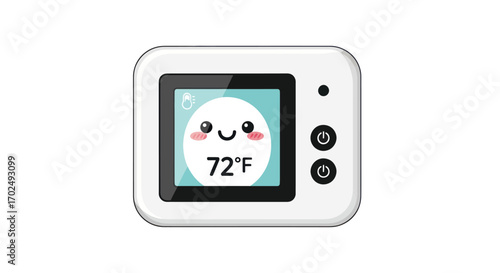 Cute Cartoon Thermostat Displaying 72 Degrees Fahrenheit with Happy Face.