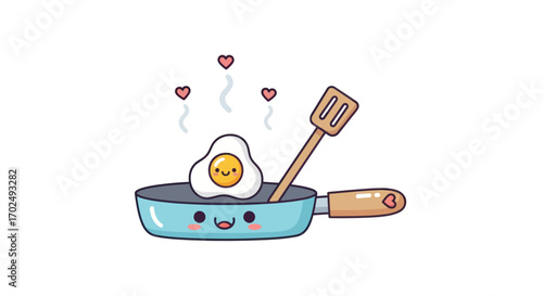 Cute Cartoon Fried Egg in Pan with Spatula and Hearts.