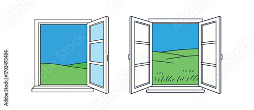 Two illustrations of an open window overlooking a green, rolling meadow and a blue sky, symbolizing a view, fresh air, and tranquility.