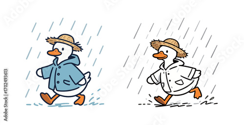 Two illustrations of a duck wearing a straw hat and a raincoat, happily running in the rain. One is colored, and the other is a simple black and white line art.