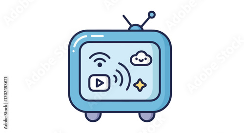 Cute blue retro television with smart TV streaming and internet icons on screen.