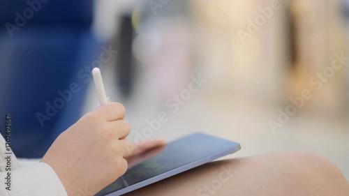 Person is writing on a tablet with a pen. The tablet is on a table. The person is sitting on a chair
