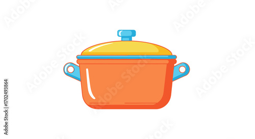 A colorful cartoon cooking pot with an orange body yellow lid and blue handles.